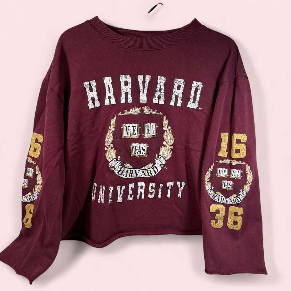 Harvard University Crimson Cropped Raw Hem Crewneck Sweatshirt